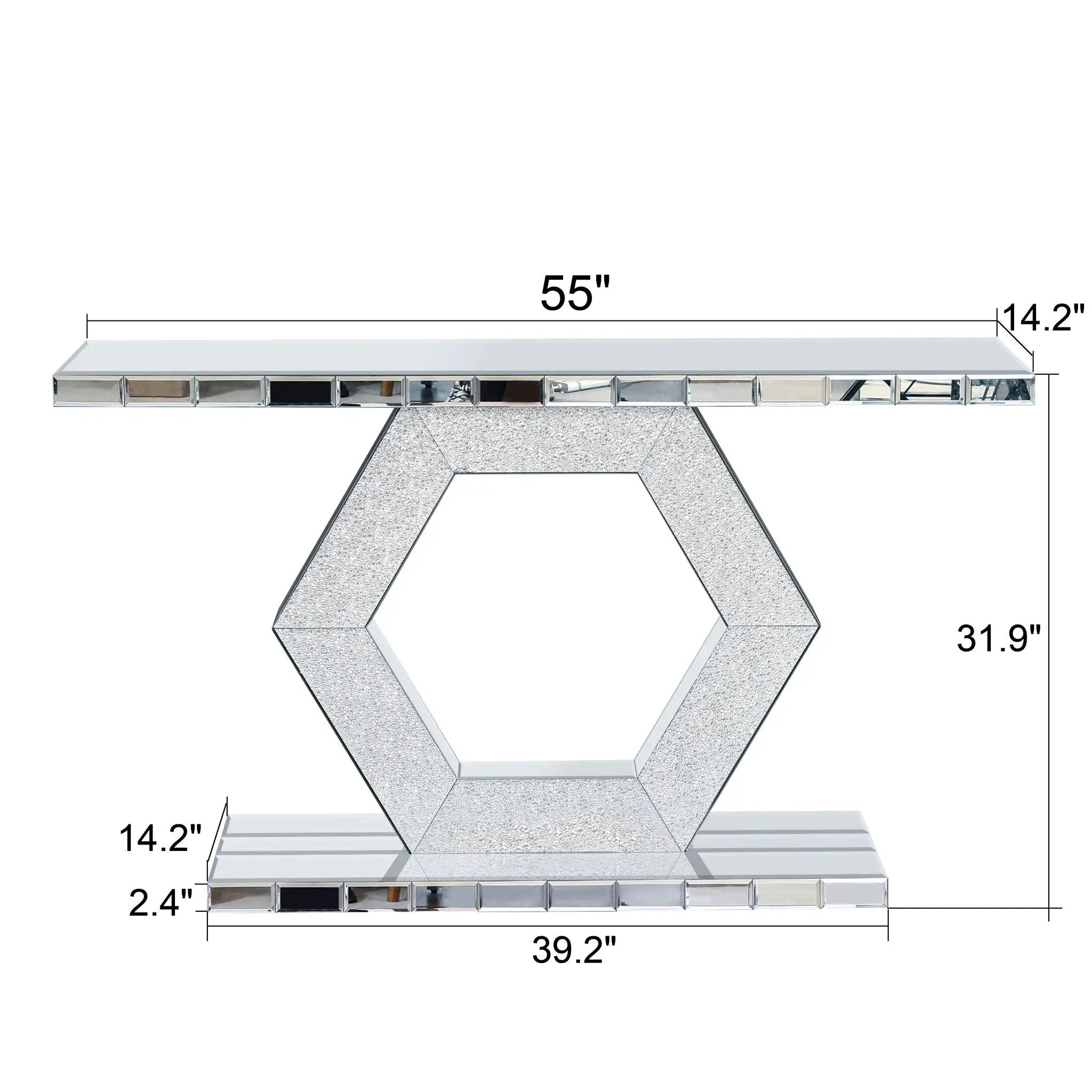 Sparkling Crystal Hexagon Mirror Entryway Premium Modern Foyer Console Table With Diamond Glass Effects, Dual Tier Luxury Sofa Table - Silver by HouseOfZazla