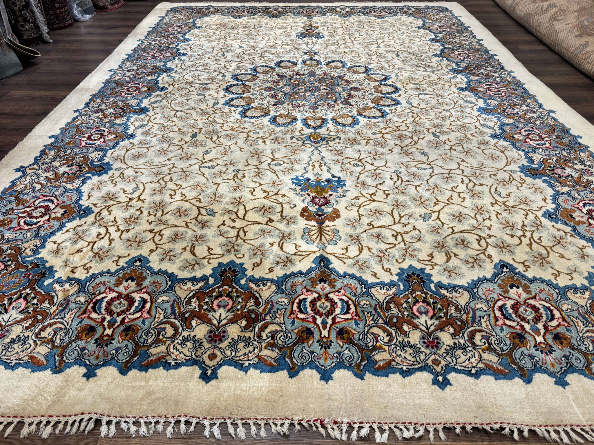 Persian Kashan Rug 9 x 12.6, Ivory and Blue, Floral Medallion, Wool Hand Knotted Semi Antique Carpet by Jewel Rugs