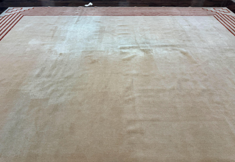 Modern Tibetan Rug 11 x 14.6, Wool and Silk, Simple Design, Handmade Large Area Rug, Cream by Jewel Rugs