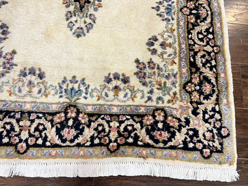 Persian Kirman Rug 4x7, Wool Hand Knotted Antique Carpet, Beige, Semi Open Field Medallion Rug, Traditional Handmade Oriental Rug by Jewel Rugs