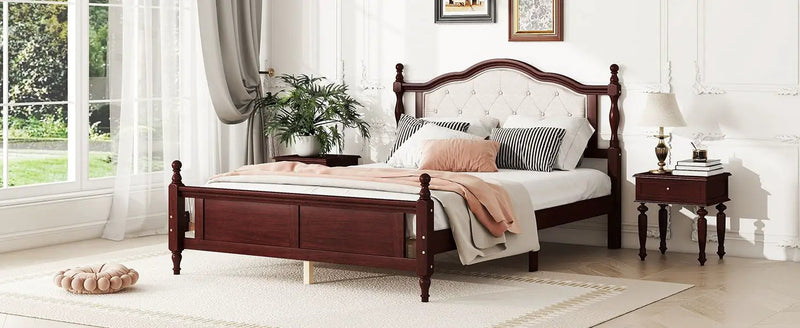 Pine Wooden Bed With Upholstered Headboard And Panel Footboard, With Two Bed Rail Support Feet And Central Platform Support Feet by Unique Piece Furniture