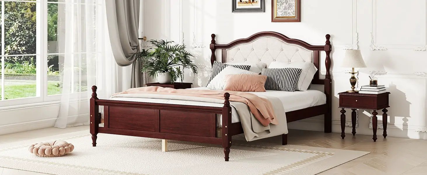 Pine Wooden Bed With Upholstered Headboard And Panel Footboard, With Two Bed Rail Support Feet And Central Platform Support Feet by HouseOfZazla