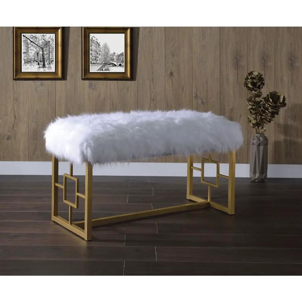 Bagley II - 21" Bench - White Faux Fur & Gold by Unique Piece Furniture