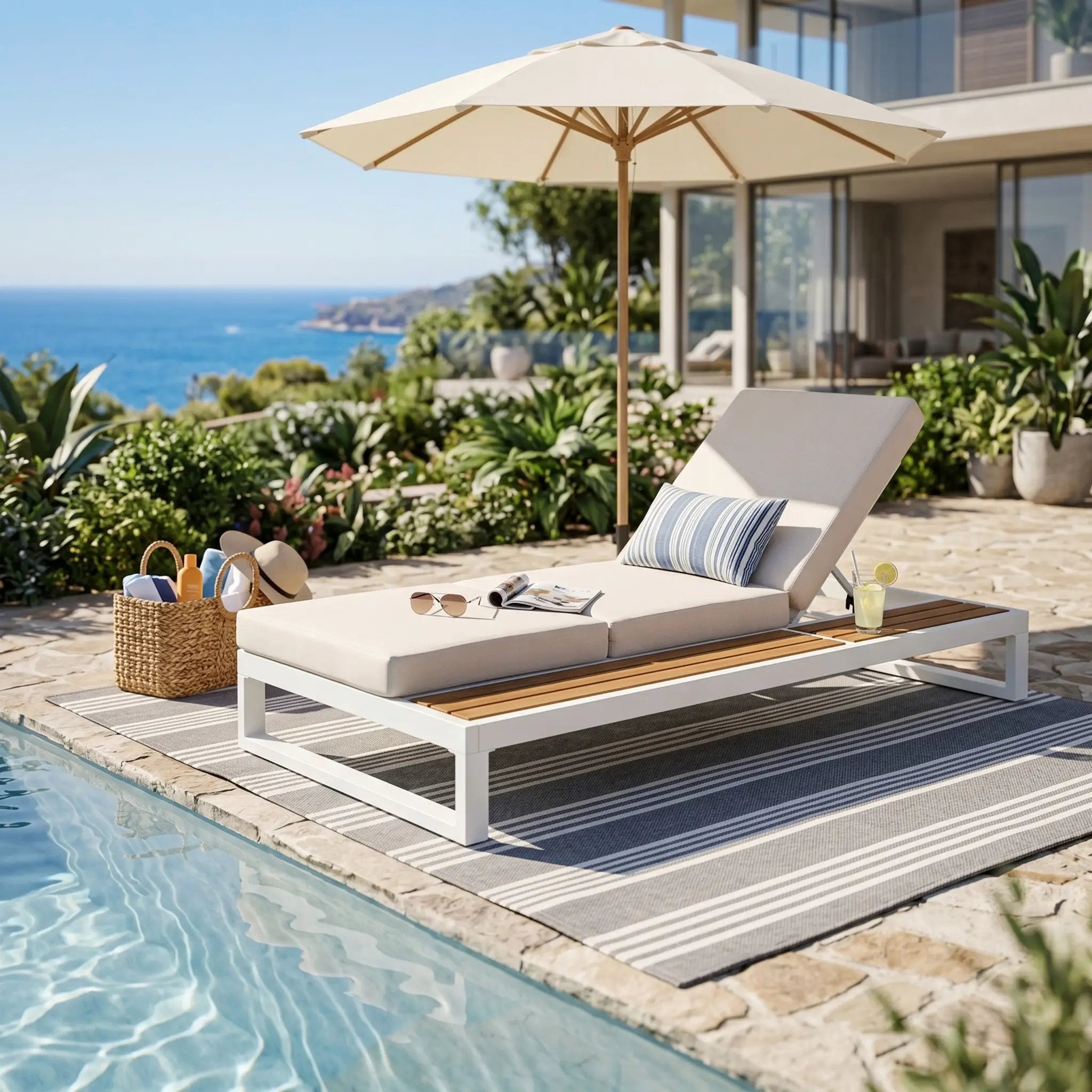 White Iron & Teak Finish Chaise Lounge Set by HouseOfZazla