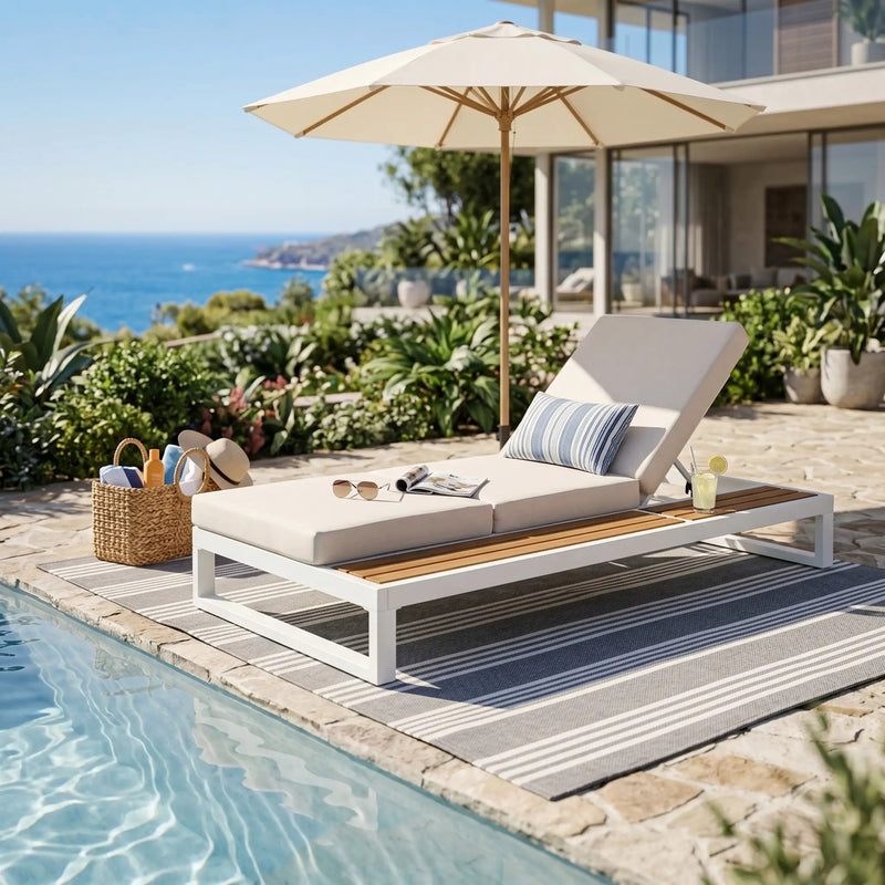 White Iron & Teak Finish Chaise Lounge Set by HouseOfZazla