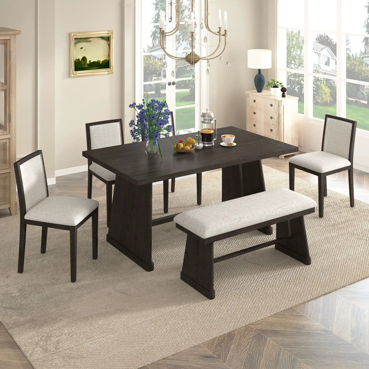 Dining Set With Rectangular Table, 4 Upholstered Chairs & 1 Padded Bench by Unique Piece Furniture