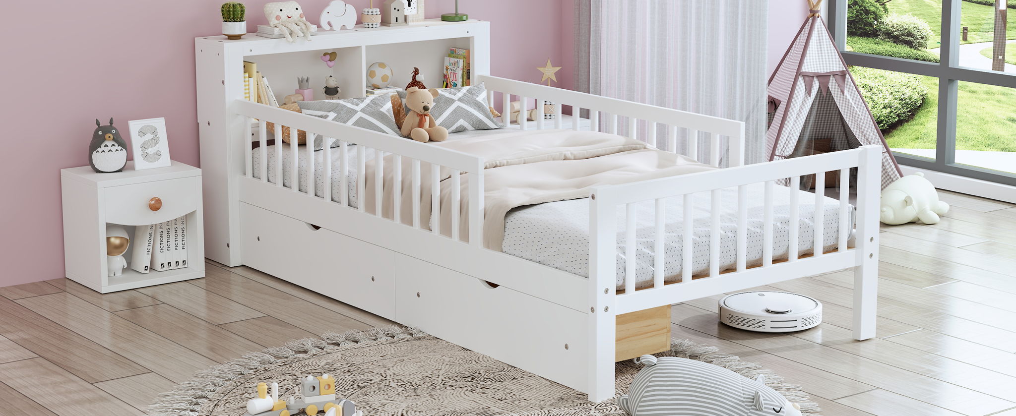 Bed With Headboard Storage Rack, 2 Under Bed Drawers, 3 Side Guardrails For Safety by HouseOfZazla