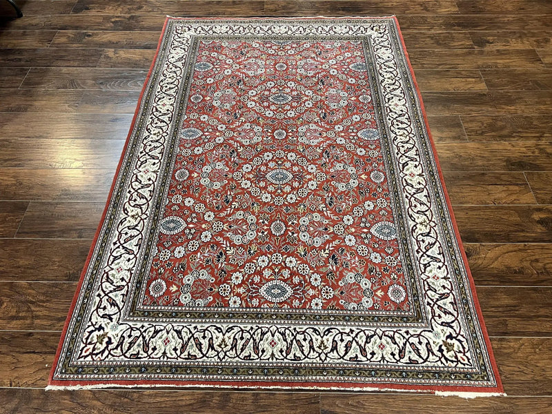 Red Persian Qum Rug 5 x 7.6, Hand Knotted Vintage Wool Fine Carpet 270 KPSI, Floral Allover by Jewel Rugs