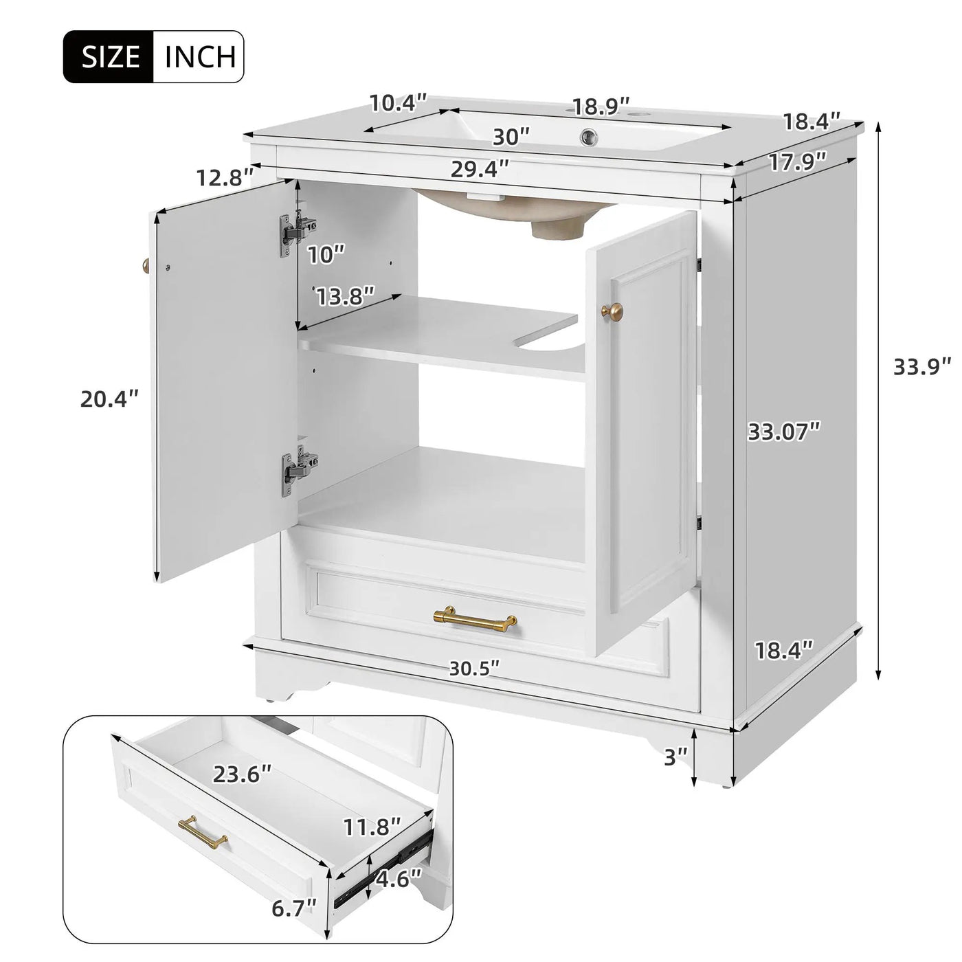 Bathroom Vanity With Sink, Cabinet & 2 Soft Closing Doors & Adjustable Shelf by HouseOfZazla