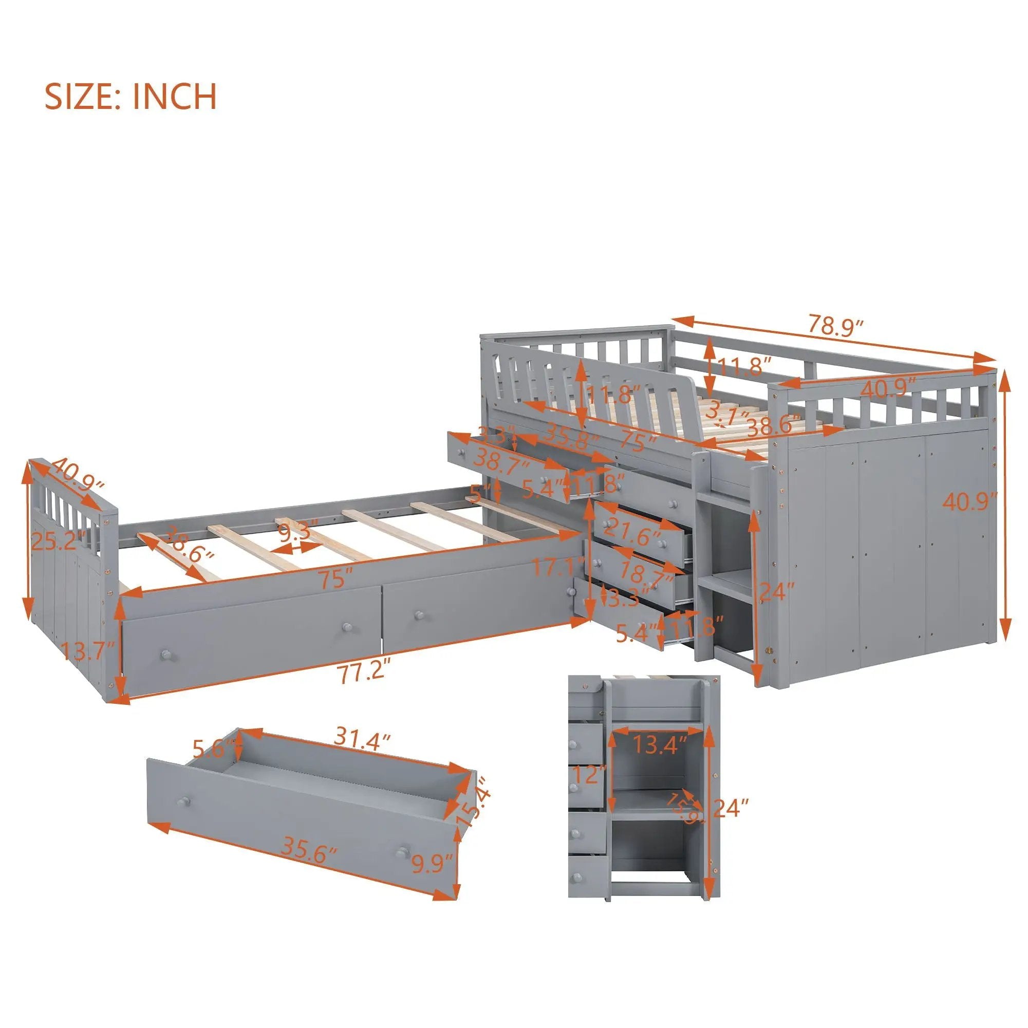 Loft Platform Bed With 7 Drawers And Full Guardrails, Modern L Shaped Space Savin by Unique Piece Furniture
