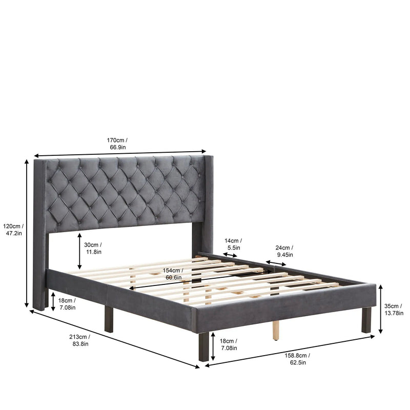 Queen Platform Tufted Upholstered Bed With Wings Design, Strong Wood Slat Support - Gray by HouseOfZazla