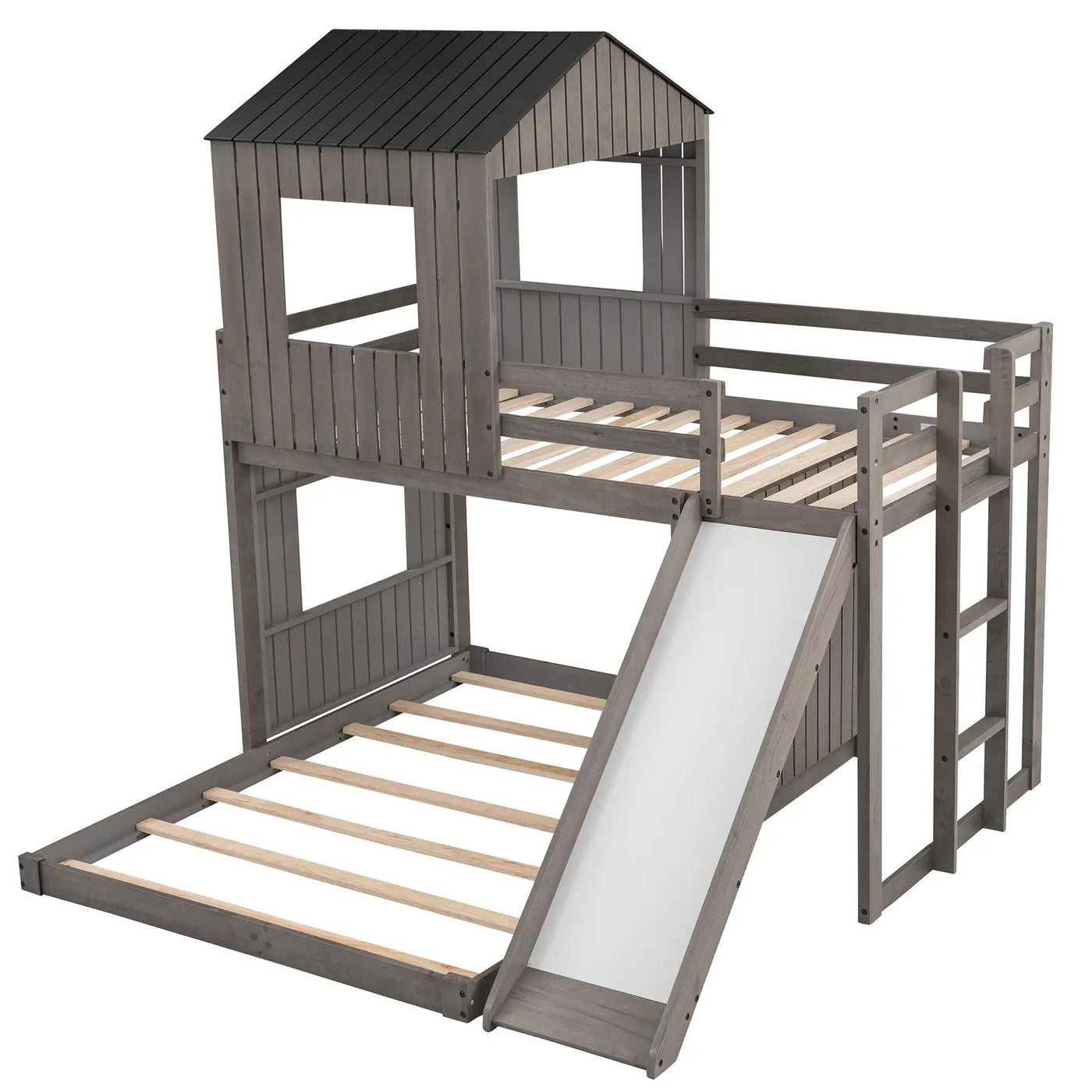 Loft Bunk Bed With Playhouse, Farmhouse, Ladder, Slide And Guardrails by Unique Piece Furniture