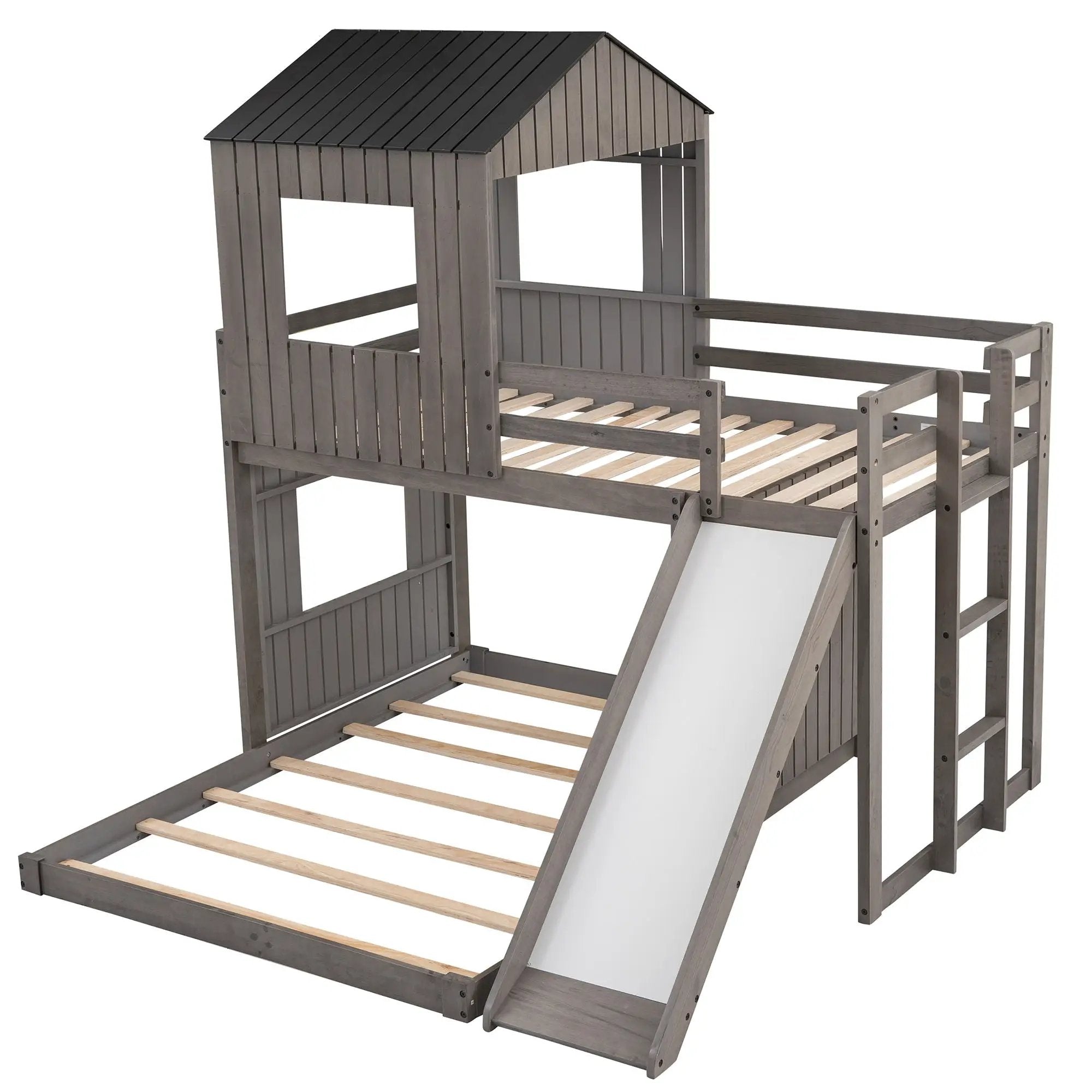 Loft Bunk Bed With Playhouse, Farmhouse, Ladder, Slide And Guardrails by HouseOfZazla