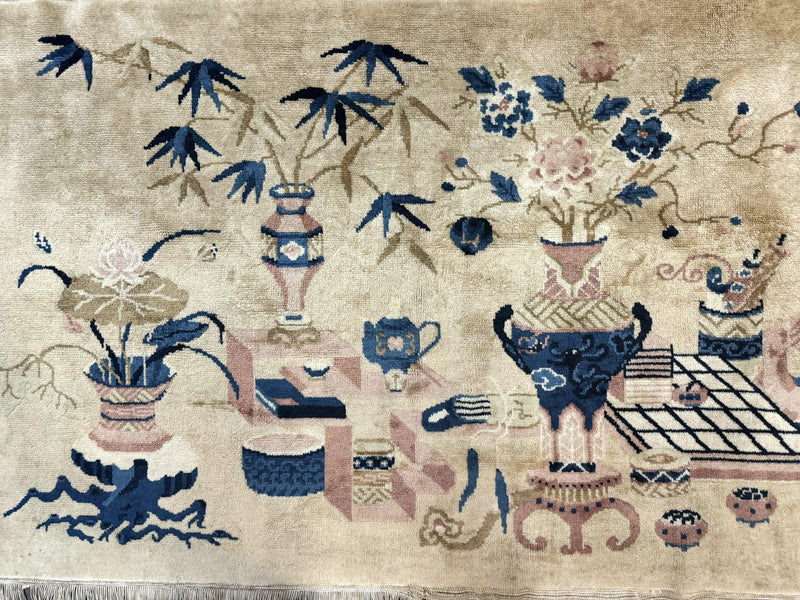 Chinese Rug 5x3, Horizontal Rug, Vases Flowers, Handmade Antique Vintage Carpet, Peking Rug, Chinese Wool Rug by Jewel Rugs