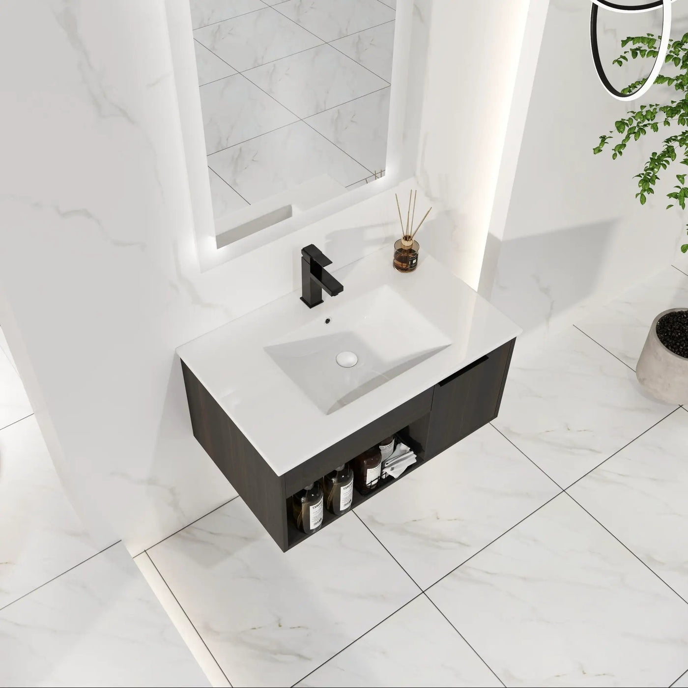 Wall Mounted Floating Bathroom Vanity With Open Shelf & Soft Close Door by Unique Piece Furniture