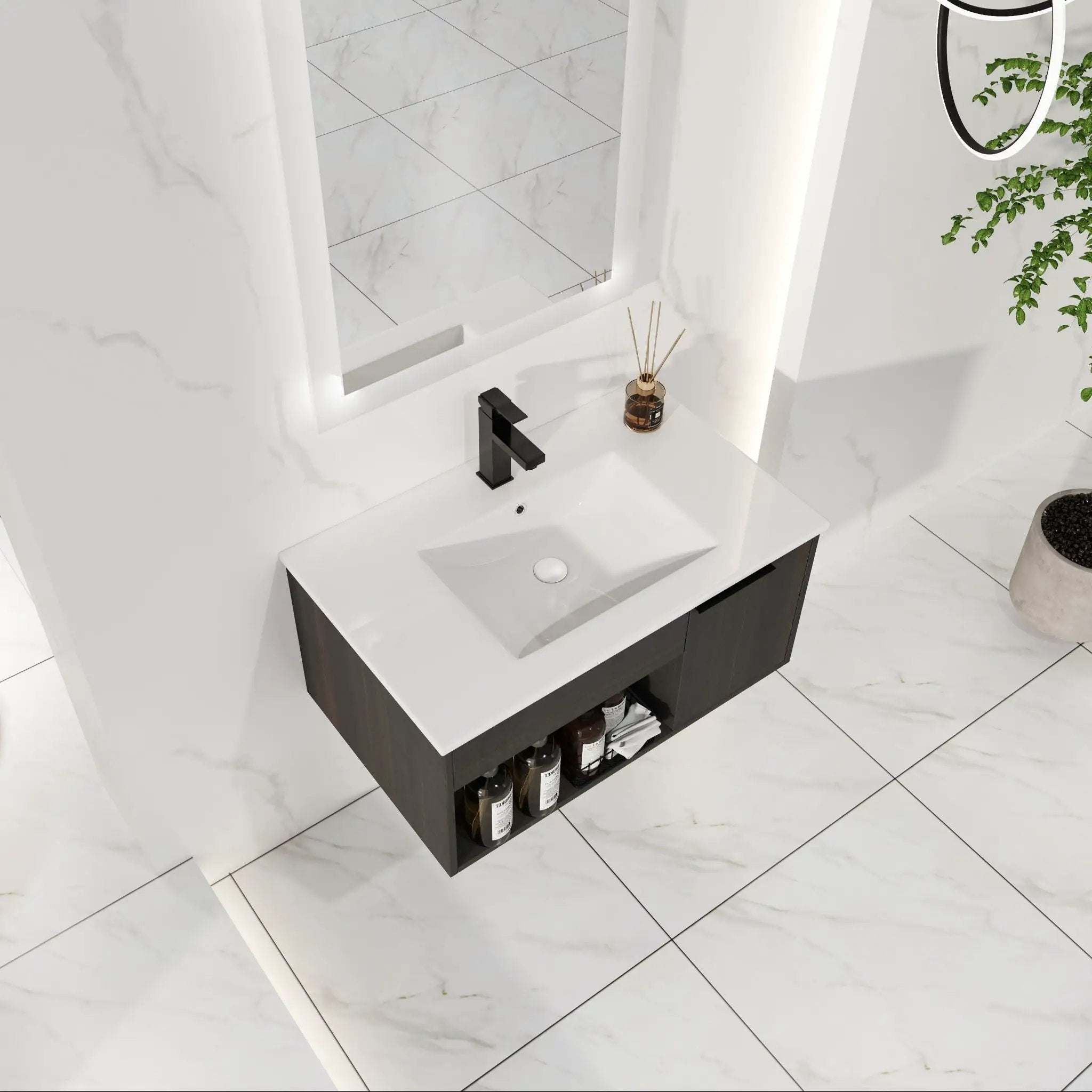 Wall Mounted Floating Bathroom Vanity With Open Shelf & Soft Close Door by Unique Piece Furniture