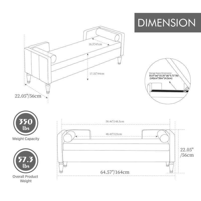 64.6"W Upholstered Chenille Flip-top Storage End of Bed Bench, photo 4 of 9
