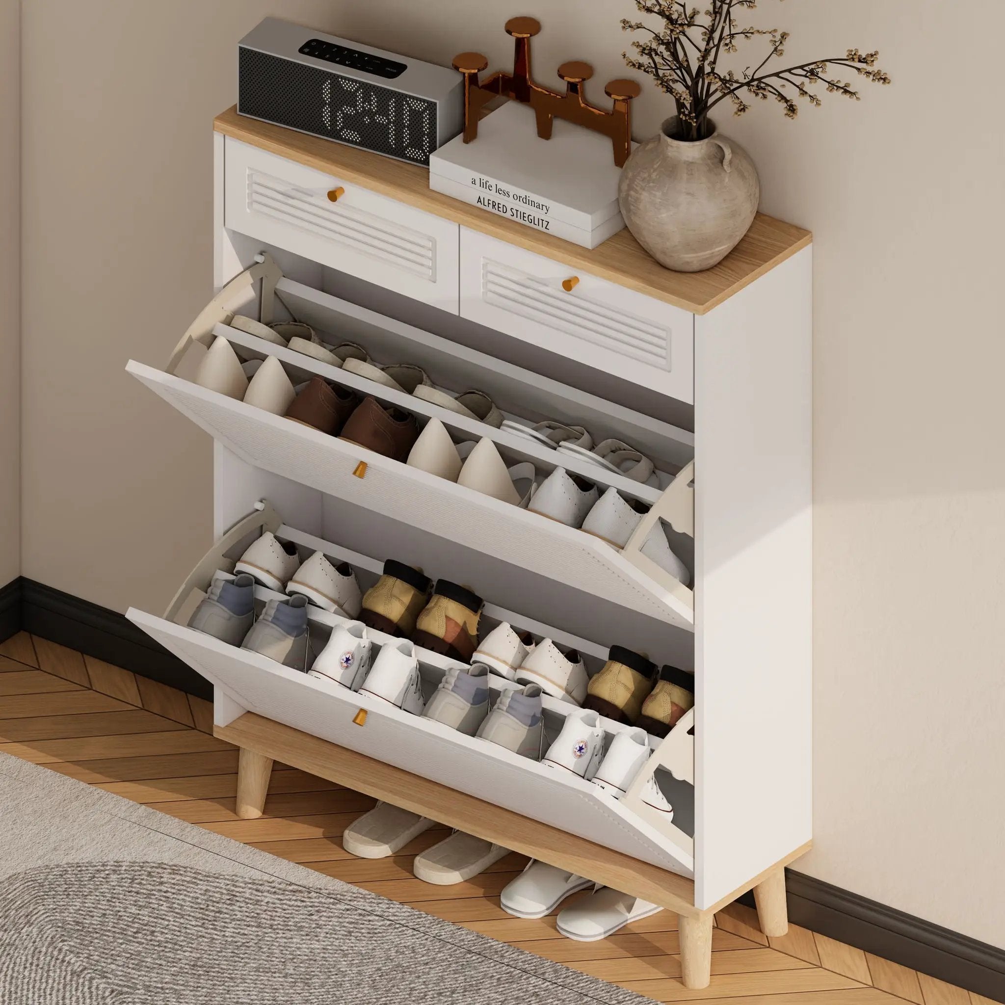 Modern Freestanding Shoe Cabinet With Flip Up Doors And Drawers, Compact Design For Entryway - White Natural by HouseOfZazla