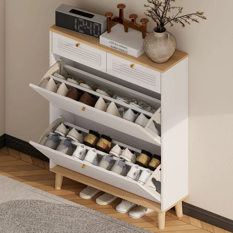 Modern Freestanding Shoe Cabinet With Flip Up Doors And Drawers, Compact Design For Entryway - White Natural by HouseOfZazla