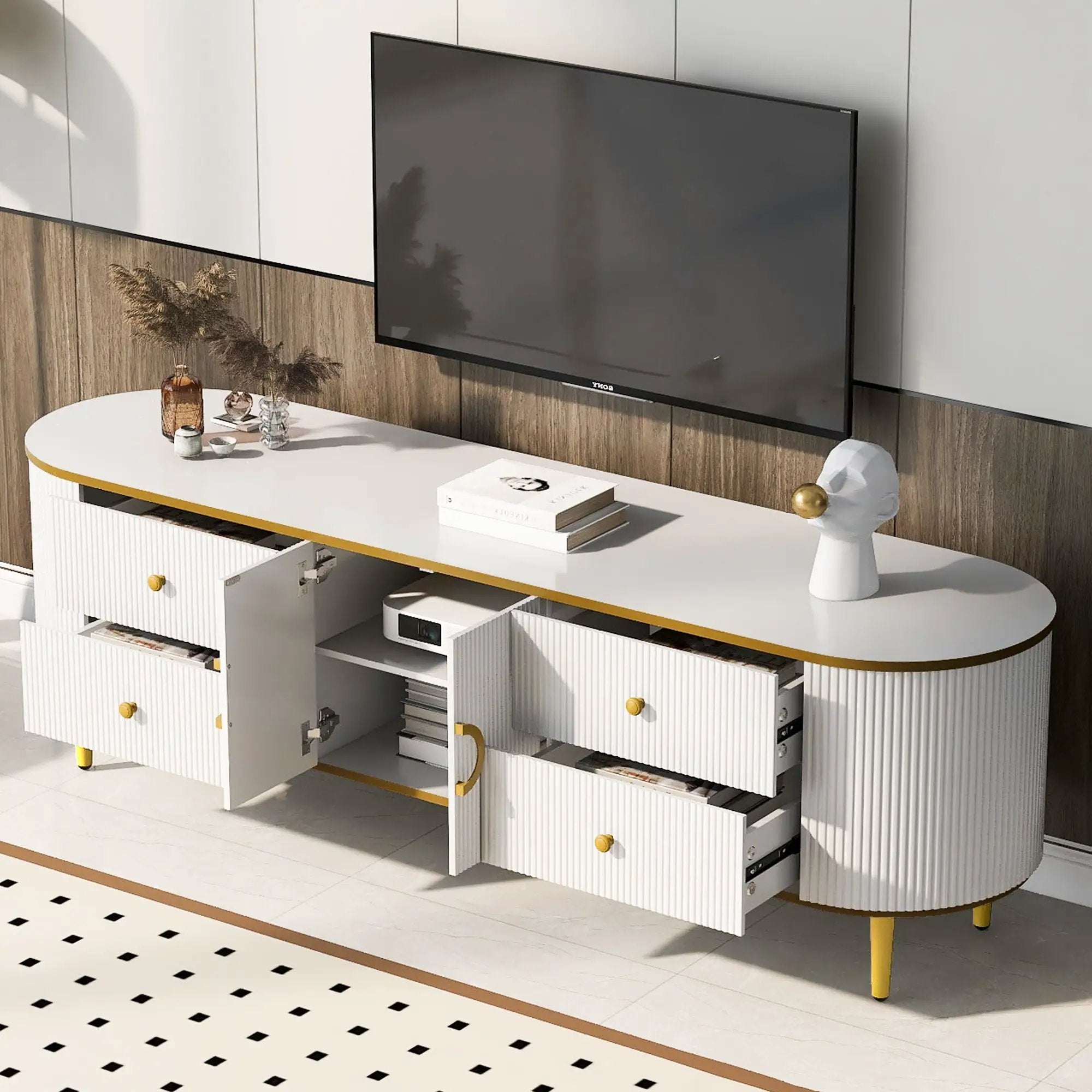Modern TV Stand For TVs Up To 80", Entertainment Center With 4 Drawers And 1 Cabinet, Wood TV Console Table With And Handles For Living Room - White by Unique Piece Furniture