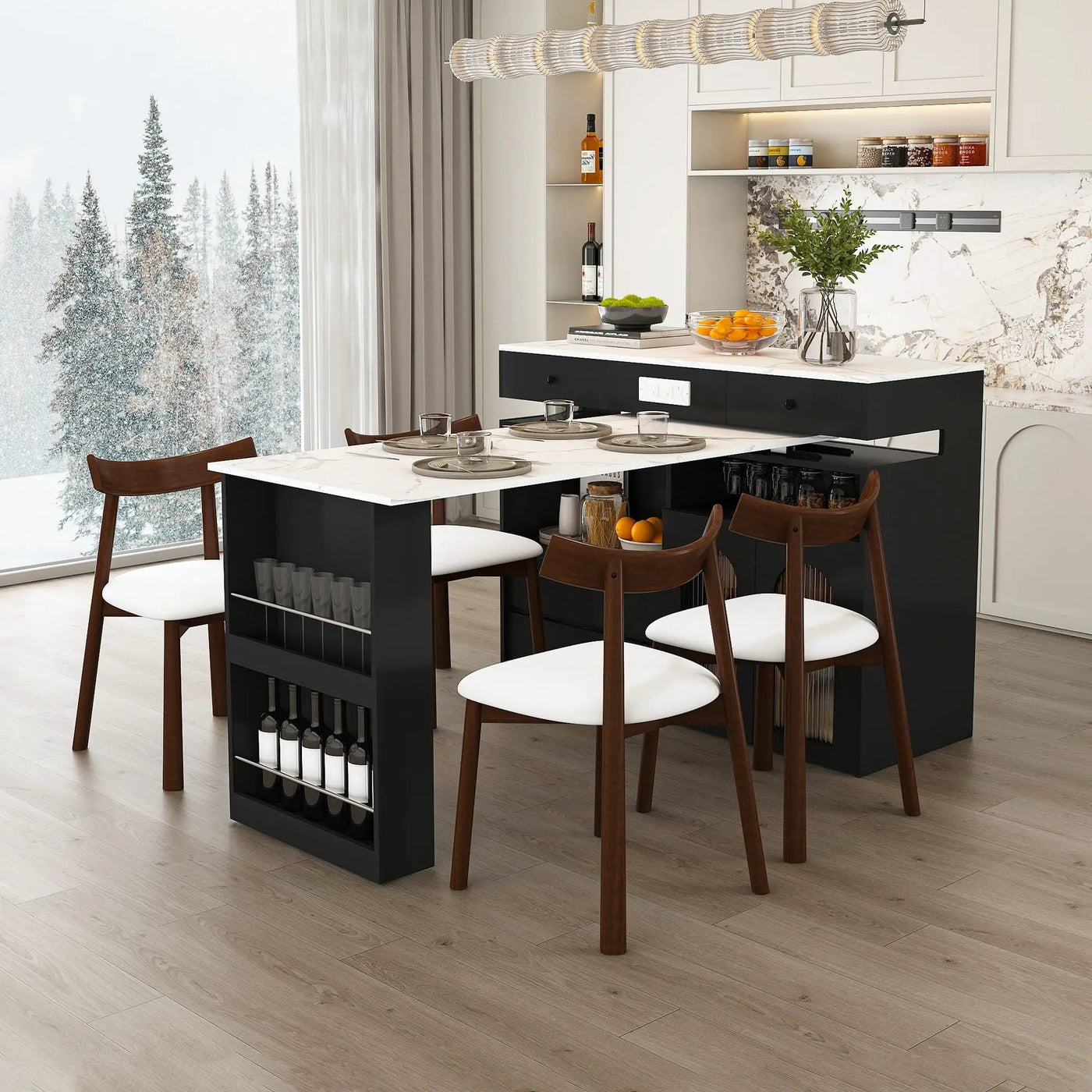 Retro Kitchen Island Set With Chairs, Extendable & Rotating Table, 4 Drawers & Door Cabinets by Unique Piece Furniture