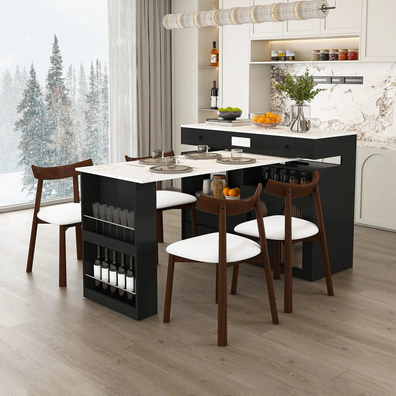 Retro Kitchen Island Set With Chairs, Extendable & Rotating Table, 4 Drawers & Door Cabinets by Unique Piece Furniture
