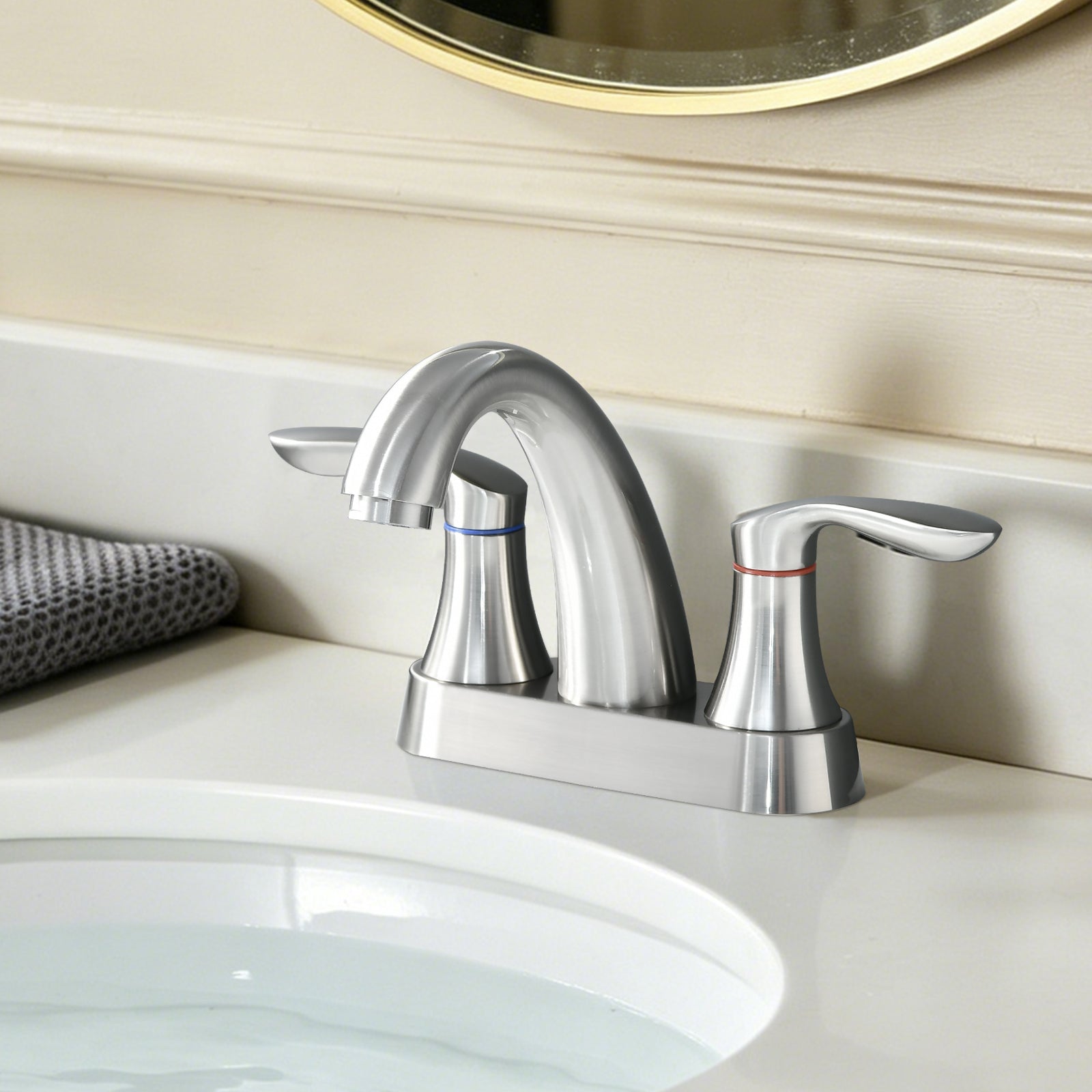 Two Handle 4 Inch Centerset Bathroom Sink Faucet with Pop-Up Drain, Brushed Nickel by HouseOfZazla
