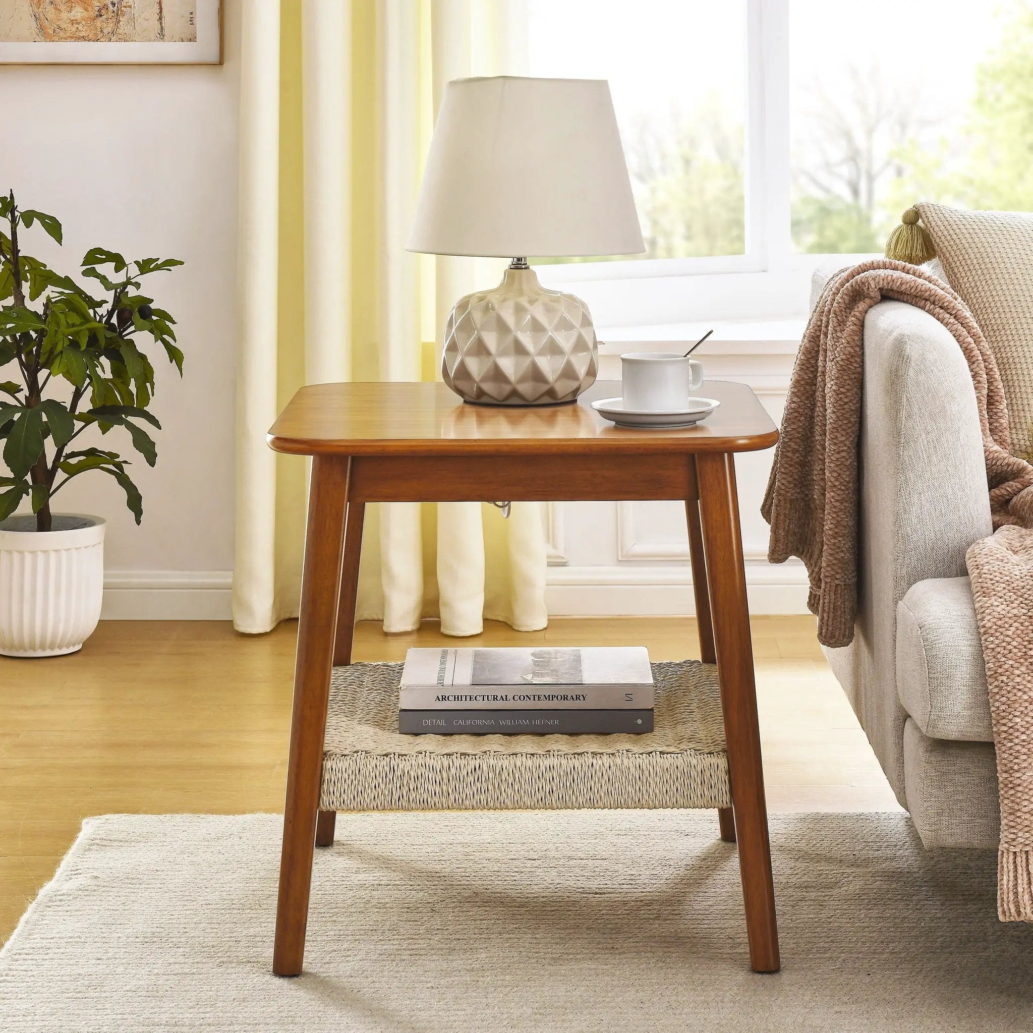 Mid - Century Square Side Table With Woven Shelf - Walnut by HouseOfZazla