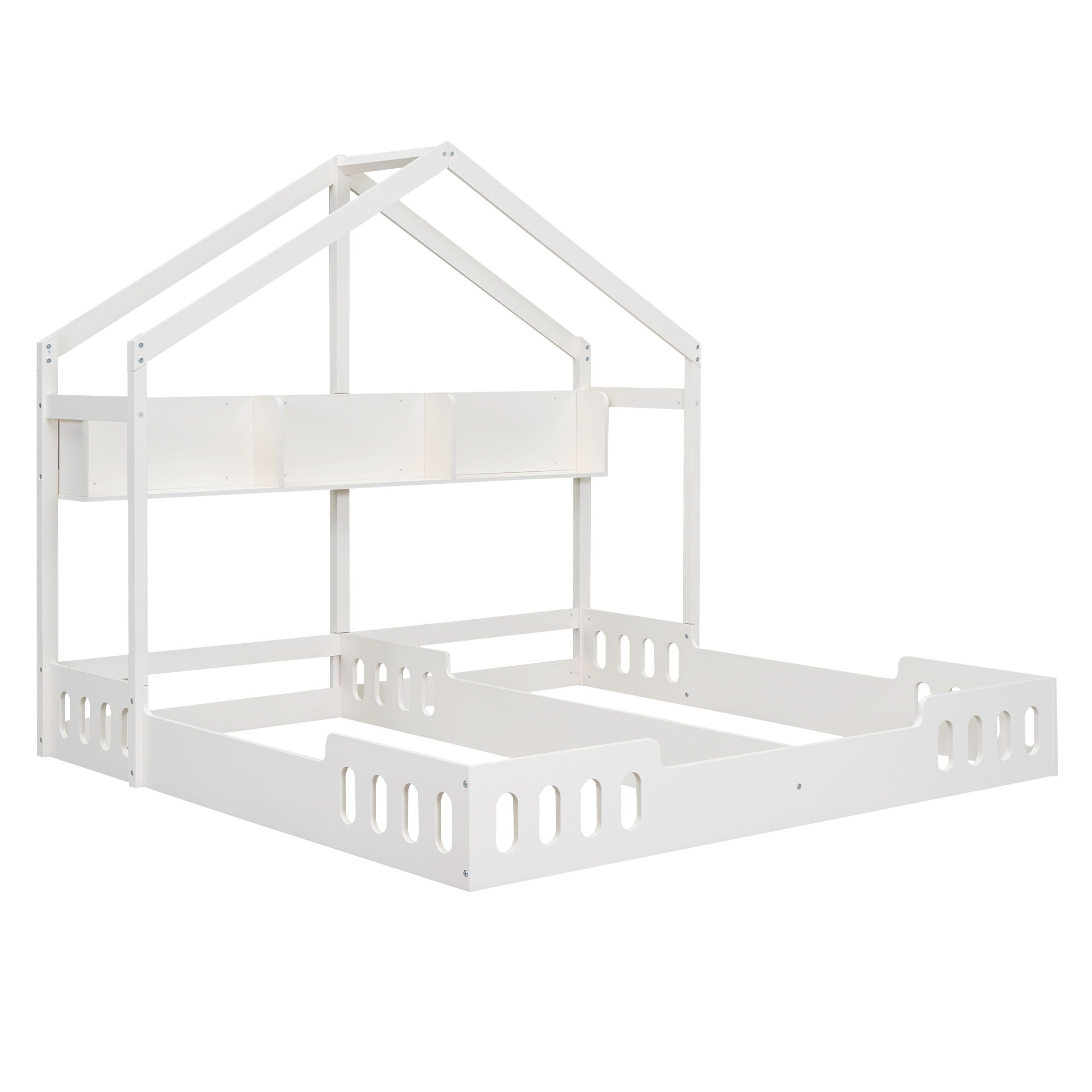 Twin Size Platform Bed With Shared Design, Guardrails, And Built In Shelves - Creamy White by HouseOfZazla