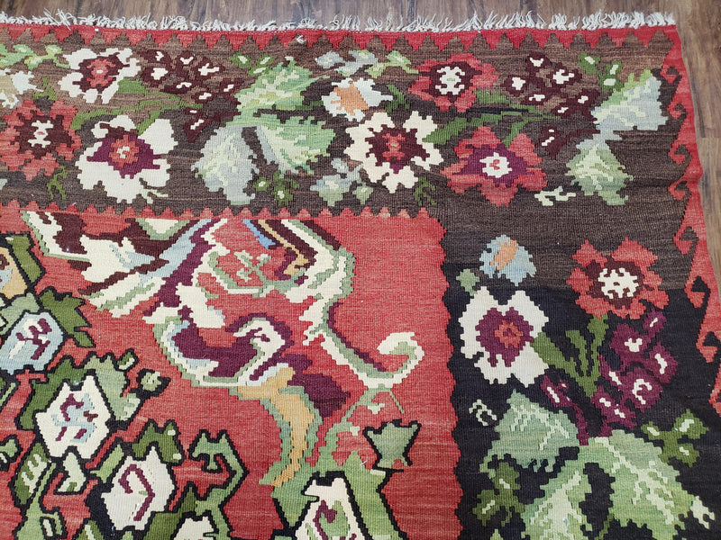 Karabakh Rug 8x11, Caucasian Kilim Rug, Vintage Antique Turkish Anatolian Azerbaijani Carpet, Wool Red & Black Hand-Woven 8 x 11 Living Room by Jewel Rugs