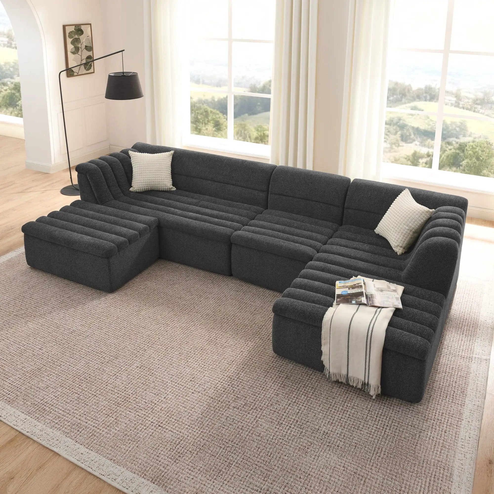 U-Shaped Modular Sectional Sofa With Chaise And Movable Ottoman With Wave-Shaped Armrest by HouseOfZazla