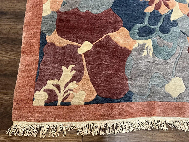 Modern Tibetan Rug 5.7 x 7.9, Abstract Multicolor Flower Pattern, Navy Blue Maroon Salmon, Soft Wool, Hand Knotted Contemporary Carpet 6x8 by Jewel Rugs