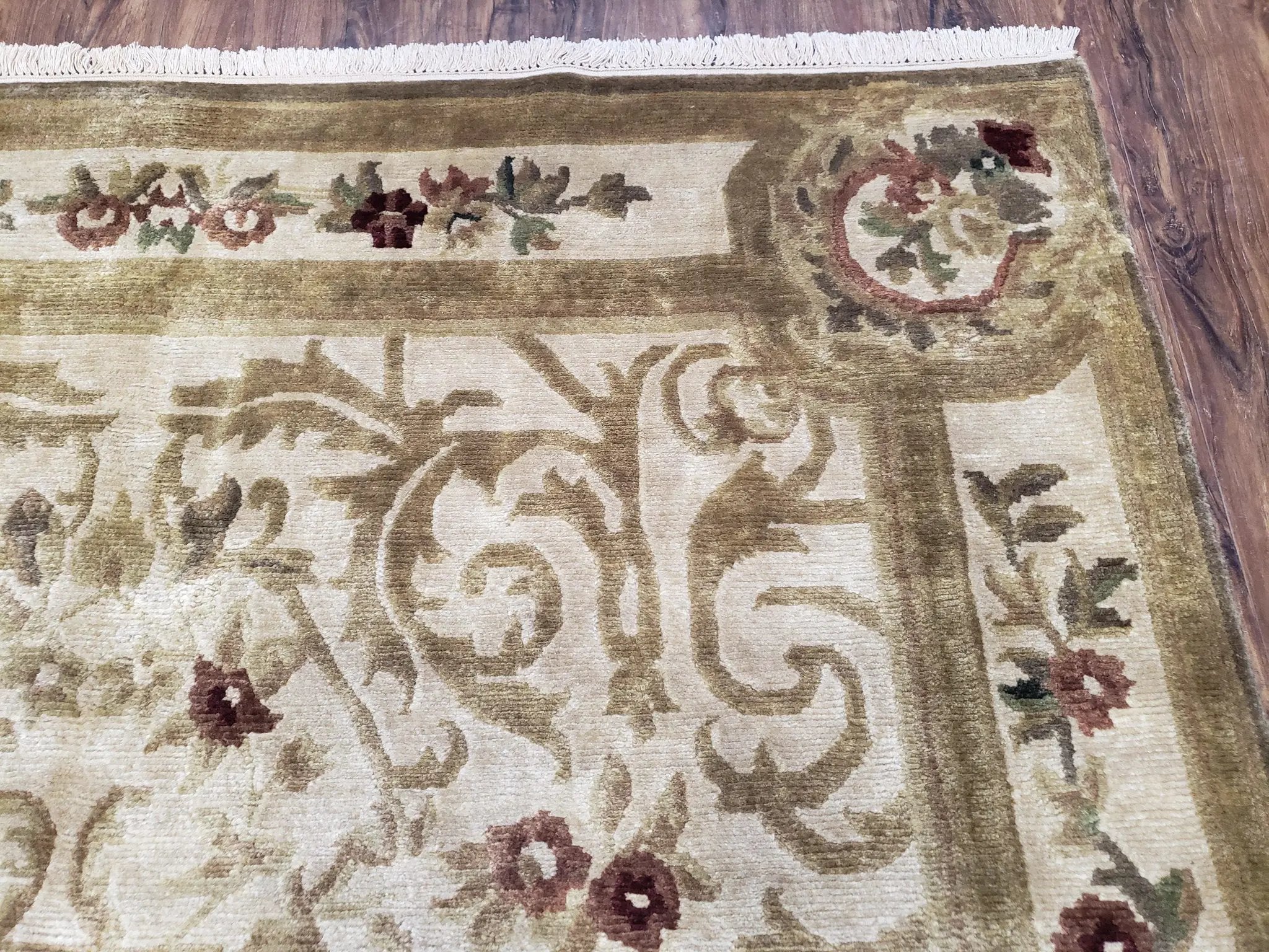 Vintage Nepali Tibetan Aubusson Rug 6x9, Wool Hand-Knotted Cream Beige Carpet, Leaves & Floral Pattern 6 x 9 Soft Area Rug Home Office Rug by Jewel Rugs
