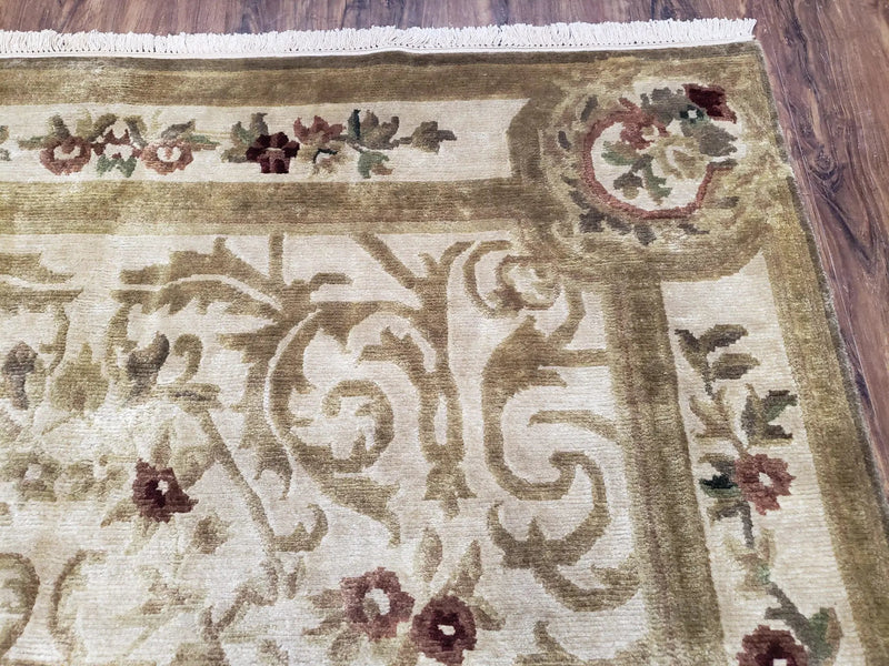Vintage Nepali Tibetan Aubusson Rug 6x9, Wool Hand-Knotted Cream Beige Carpet, Leaves & Floral Pattern 6 x 9 Soft Area Rug Home Office Rug by Jewel Rugs