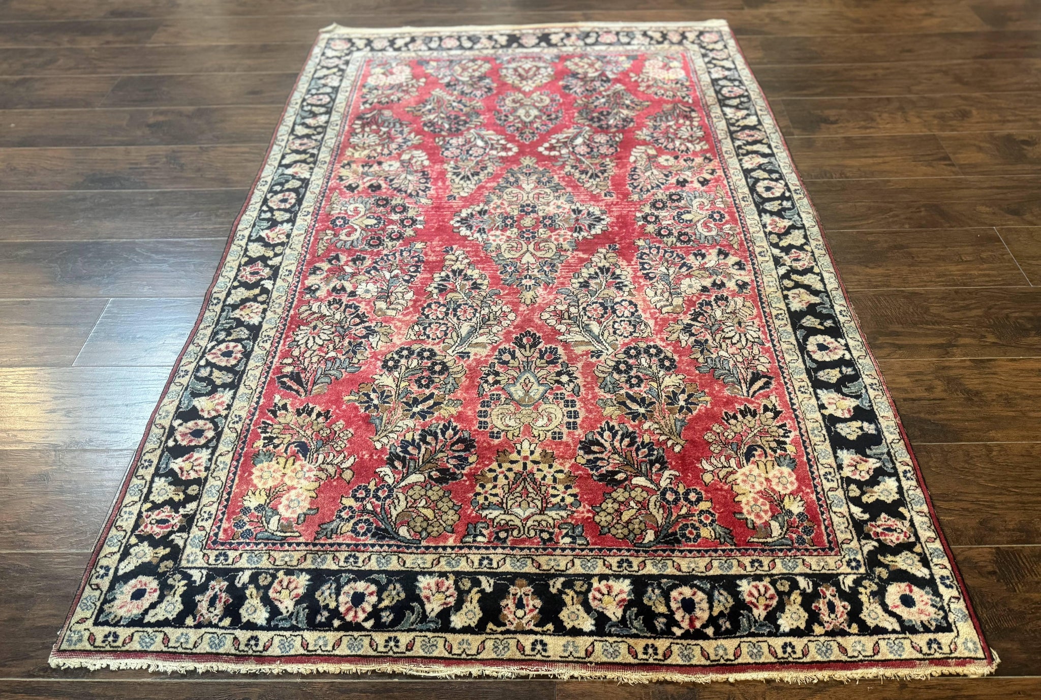 Antique Persian Sarouk Rug 4x7, Floral, Red 1920s Persian Wool Carpet by Jewel Rugs