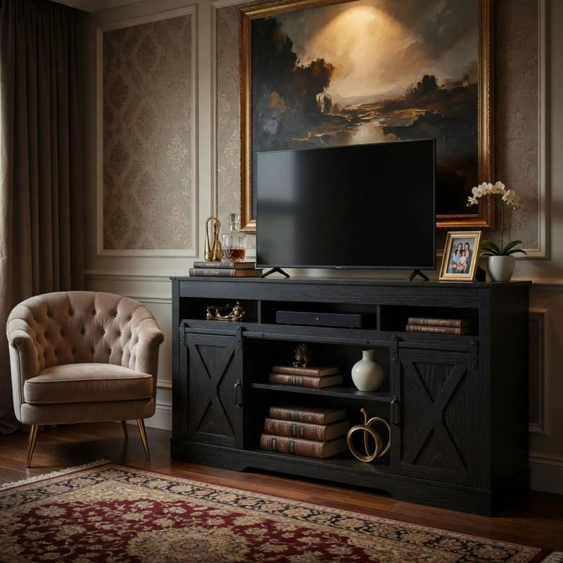 Farmhouse TV Stand With Sliding Barn Doors & Adjustable Storage by HouseOfZazla
