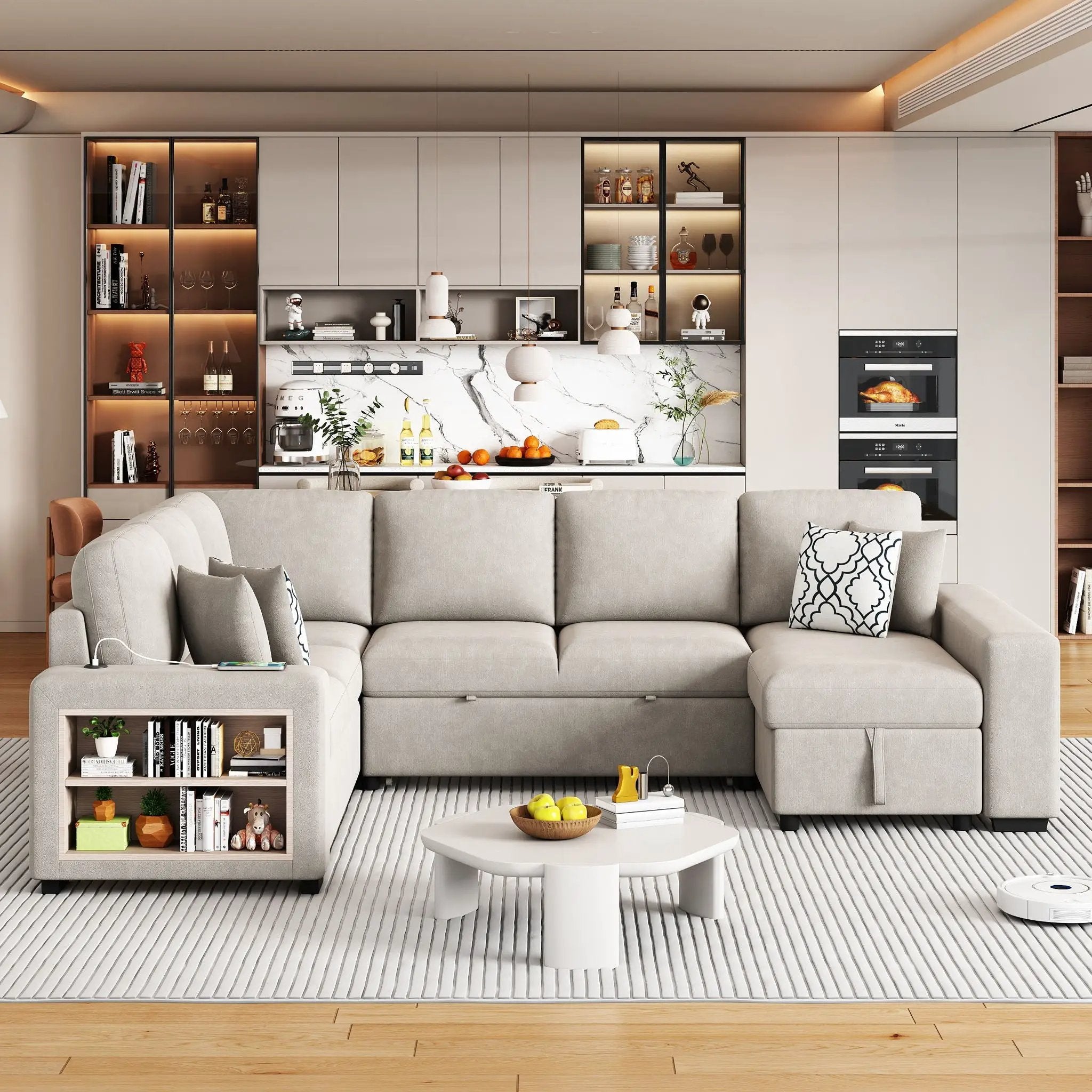 U-Shaped Sectional Sofa Pull-Out Sofa Bed With Two USB Ports, A Storage Chaise Lounge And Four Back Pillows For Living Room by Unique Piece Furniture