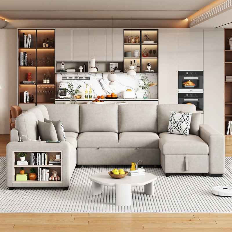 U-Shaped Sectional Sofa Pull-Out Sofa Bed With Two USB Ports, A Storage Chaise Lounge And Four Back Pillows For Living Room by Unique Piece Furniture
