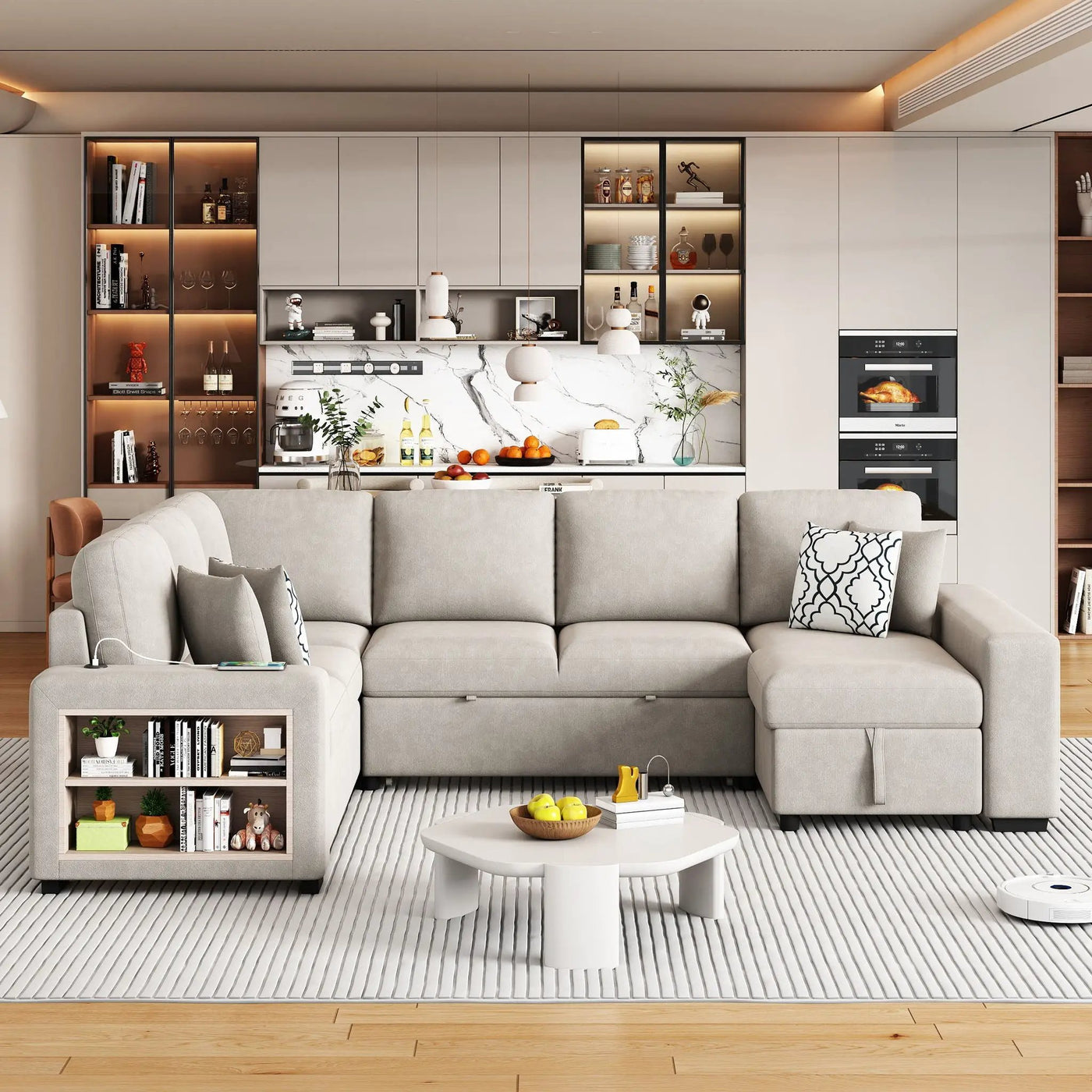 U-Shaped Sectional Sofa Pull-Out Sofa Bed With Two USB Ports, A Storage Chaise Lounge And Four Back Pillows For Living Room by HouseOfZazla