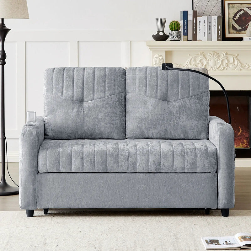 Modern Loveseat Pull Out Sofa Bed With Adjustable Backrest, Two Cup Holders, A Phone Holder, Three Charging Ports And Side Storage Pockets For Living Room by HouseOfZazla