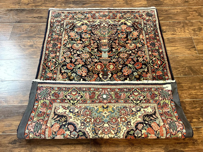 Persian Saoruk Rug 4x5, Navy Blue and Red, Floral, Antique Persian Wool Carpet, Handmade by Jewel Rugs