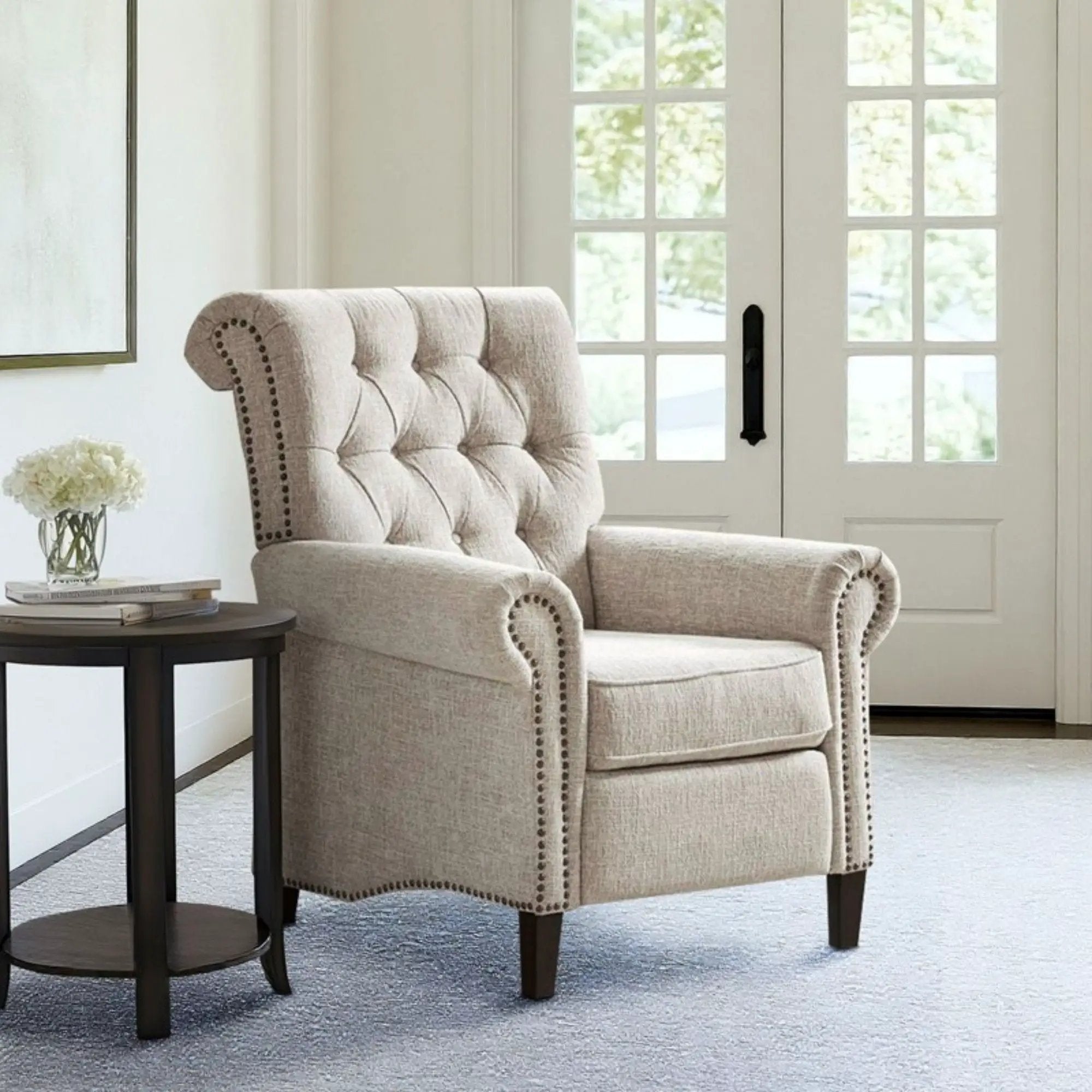 Aidan - Push Back Recliner Chair With Tufted Back And Nailhead Trim - Cream by HouseOfZazla