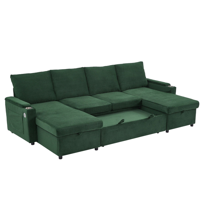 U Shaped Sectional Sofa Bed With Storage Chaise Lounges, USB Ports, And Cup Holders by HouseOfZazla
