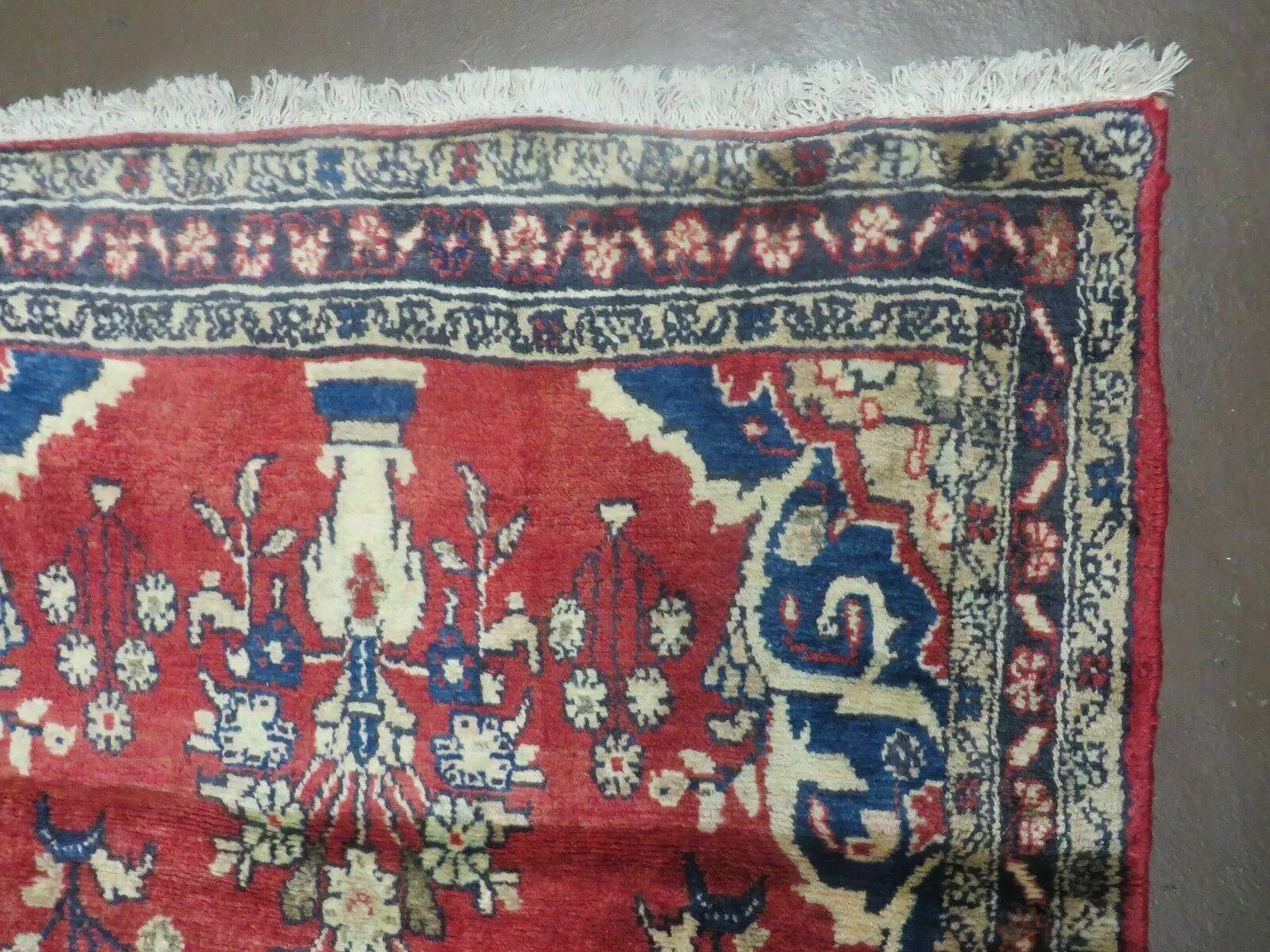 Persian Runner Rug 3 x 12, Antique Wool Oriental Runner, Floral Vases, Red & Navy Blue by Jewel Rugs