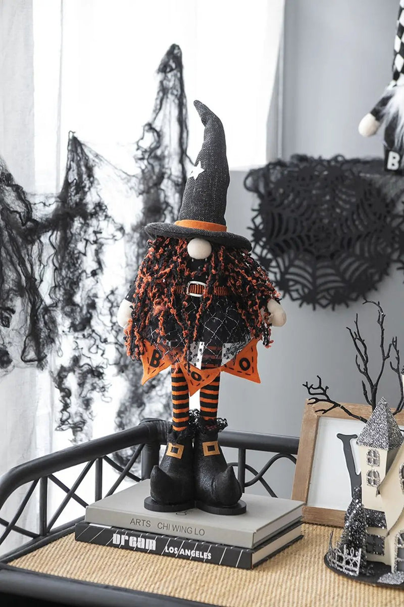 Standing Gnome With Banner & Spring Body, For Halloween Decor - Black / Orange / White by HouseOfZazla
