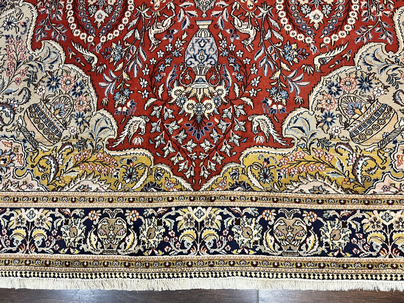 Wonderful Persian Qum Rug 10x14, Wool w/ Silk Highlights, Hand Knotted Semi Antique Vintage Carpet, Red, Floral, Fine Weave, Birds Deer Pictorials by Jewel Rugs