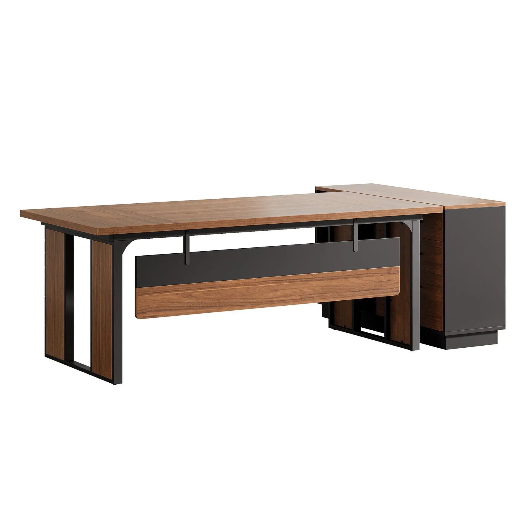 L-Shaped Executive Desk With File Cabinet, Office Computer Desk With Drawers & Open Shelves, Workstation For Home Office - Brown / Black by HouseOfZazla