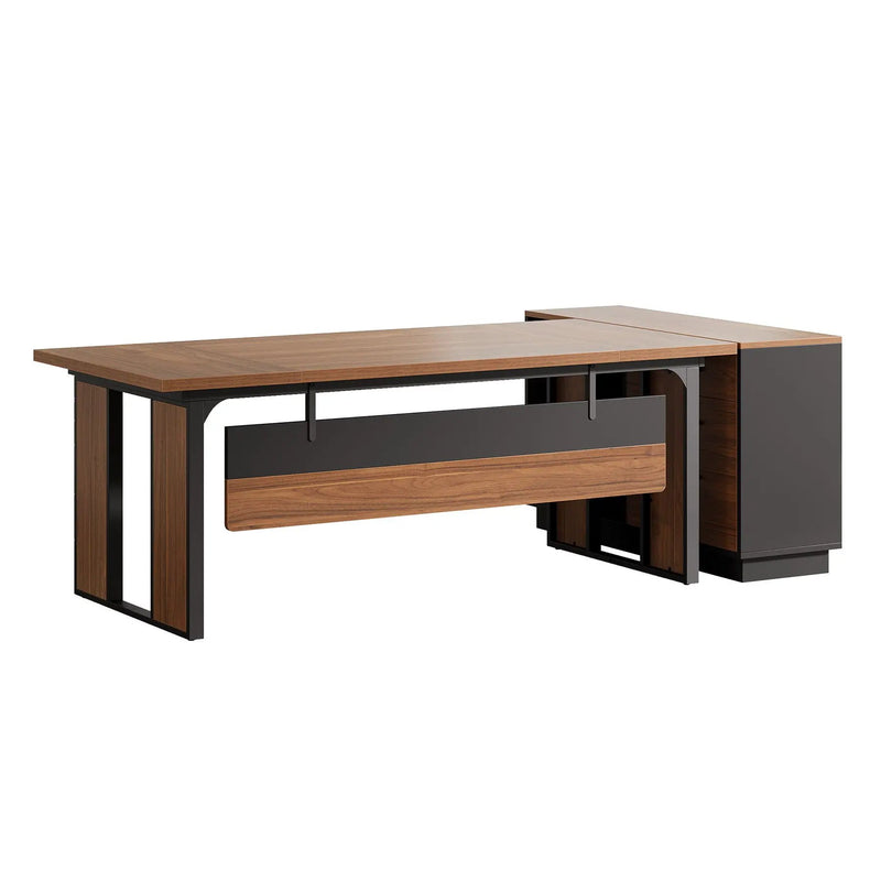 L-Shaped Executive Desk With File Cabinet, Office Computer Desk With Drawers & Open Shelves, Workstation For Home Office - Brown / Black by HouseOfZazla