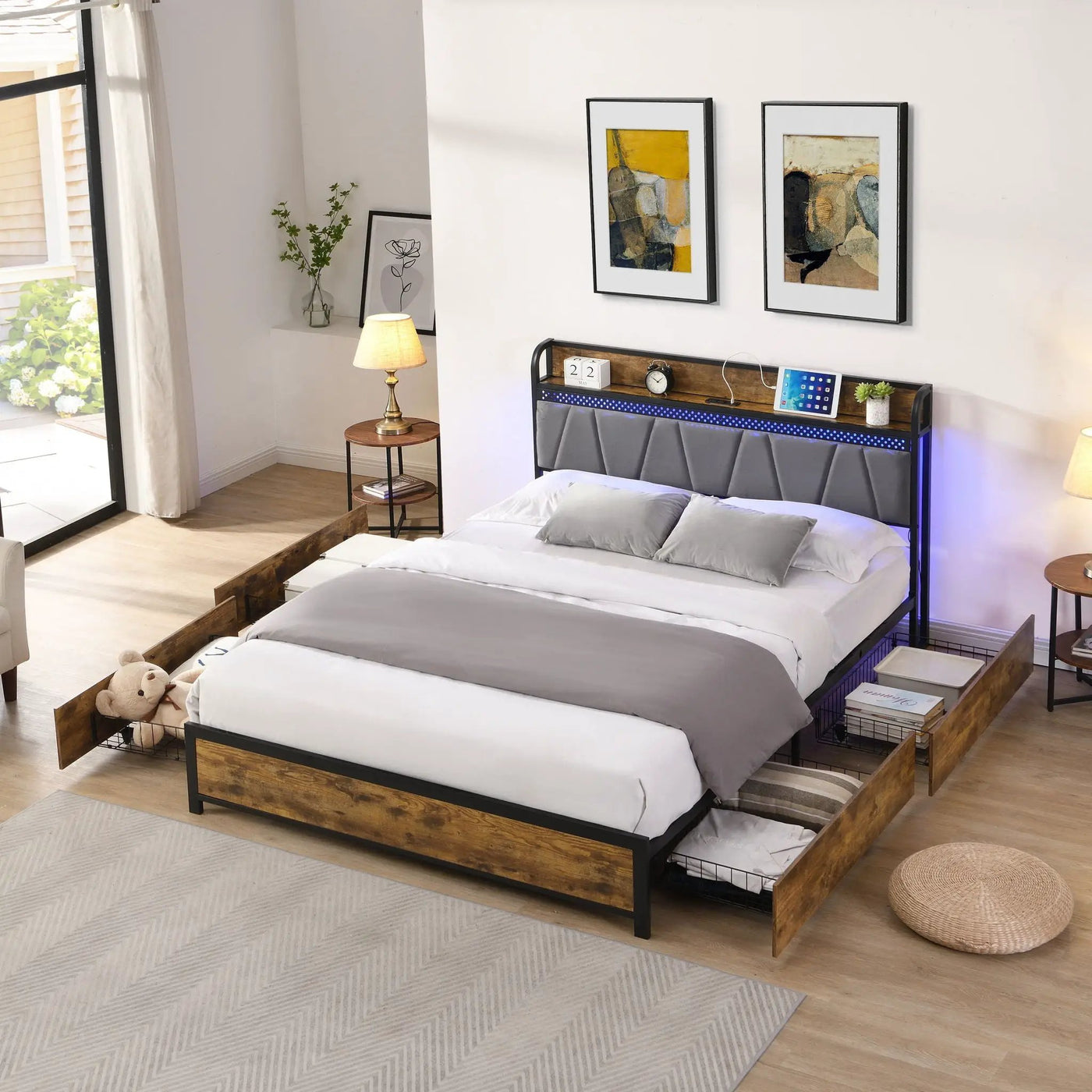 Modern Bed Frame With LED Lights, Upholstered Headboard, USB Charging by Unique Piece Furniture