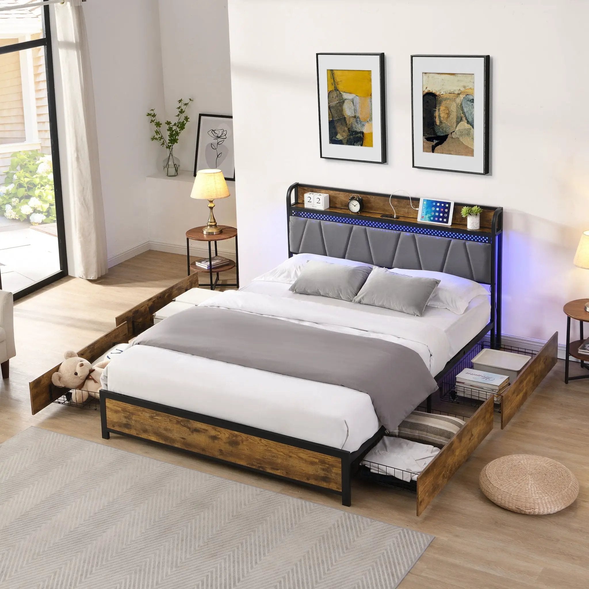 Modern Bed Frame With LED Lights, Upholstered Headboard, USB Charging by Unique Piece Furniture